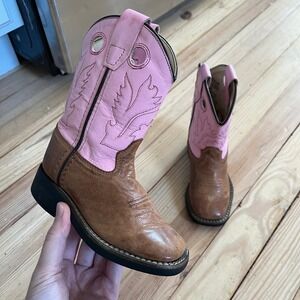 Old‎ West Girls Cowgirl Boots Size 7.5T Pink Shaft Brown Foot Leather Western